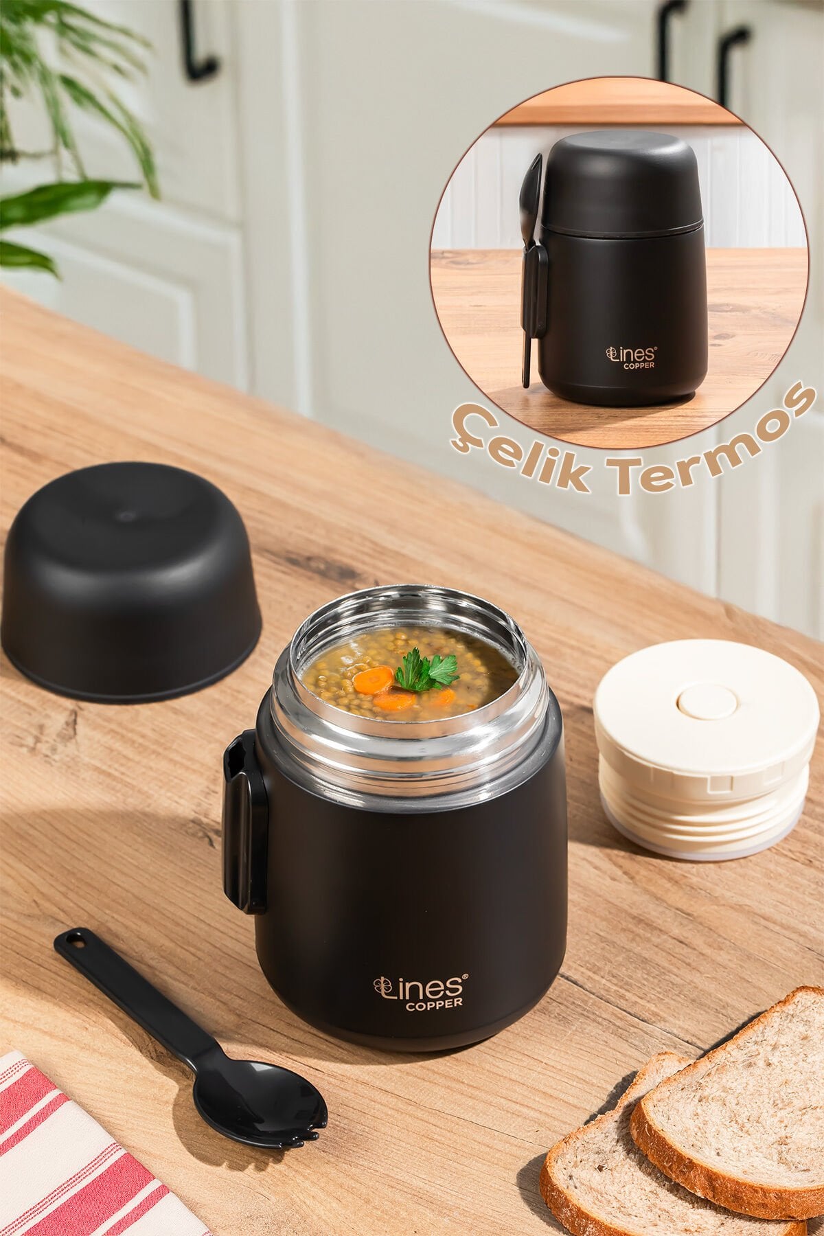 Porsima Paslanmaz Çelik Vakumlu Yemek Termosu Beslenme Kutusu Taşınabilir Lunch Box Sefer Tası Siyah 600ml