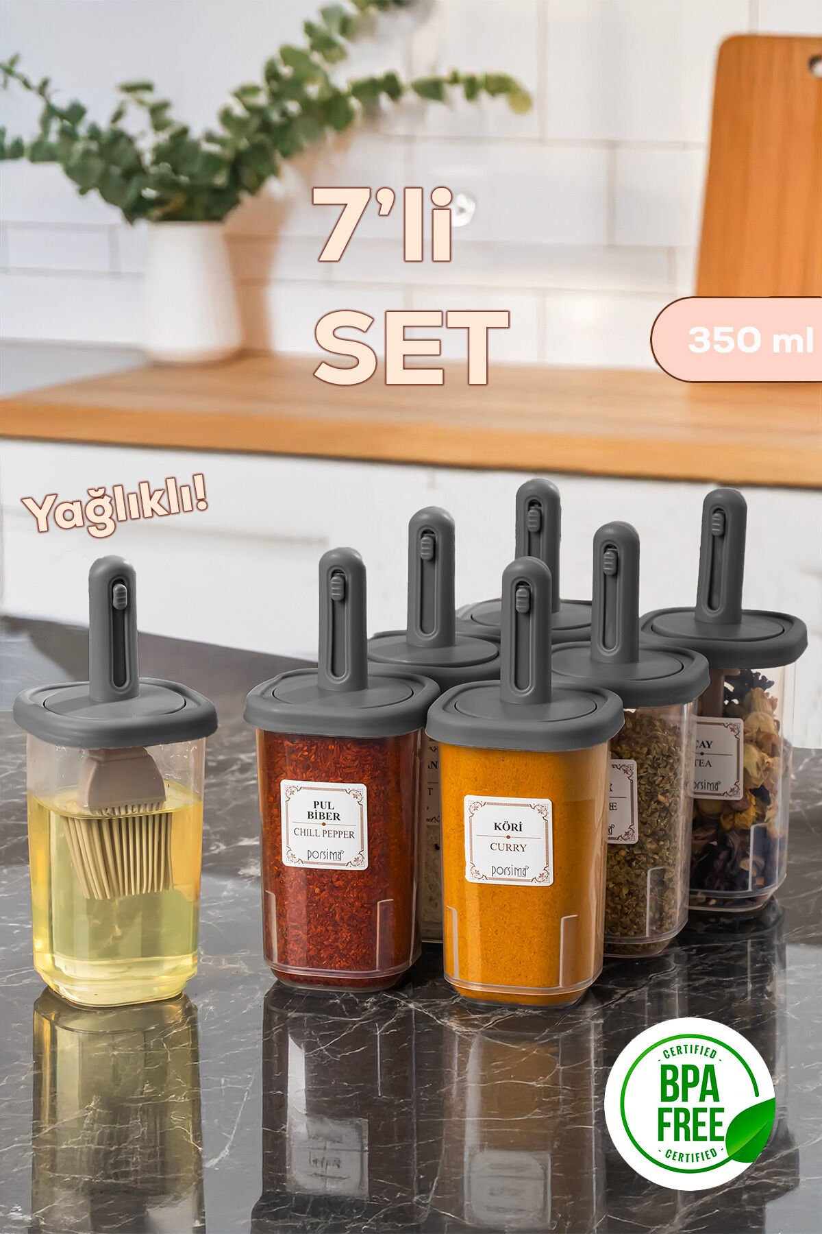 Porsima 4364 7li Kaydırmalı Kaşıklı Sızdırmaz Kapaklı Etiketli Yağlıklı Baharatlık Seti - Saklama Kabı
