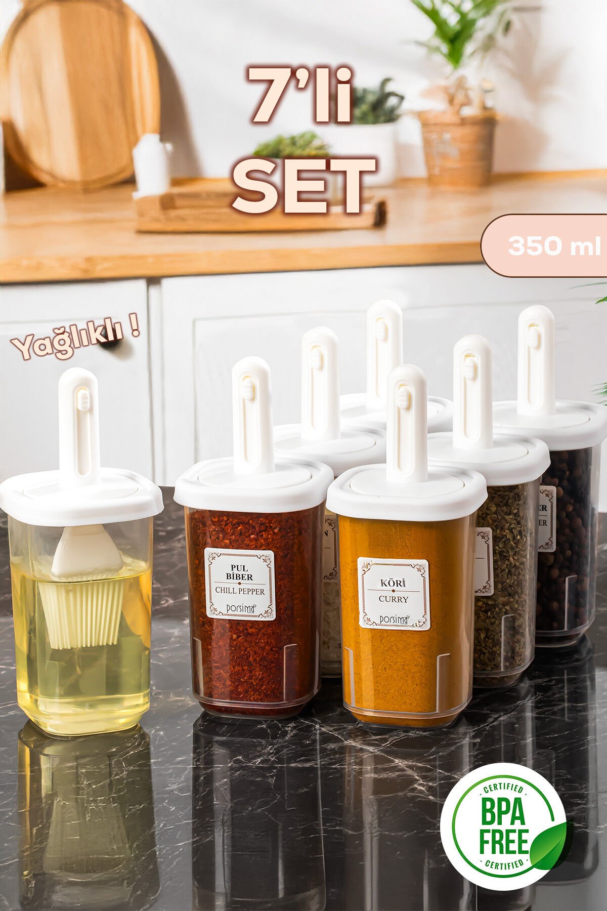 Porsima 4365 7li Kaydırmalı Kaşıklı Sızdırmaz Kapaklı Etiketli Yağlıklı Baharatlık Seti - Saklama Kabı
