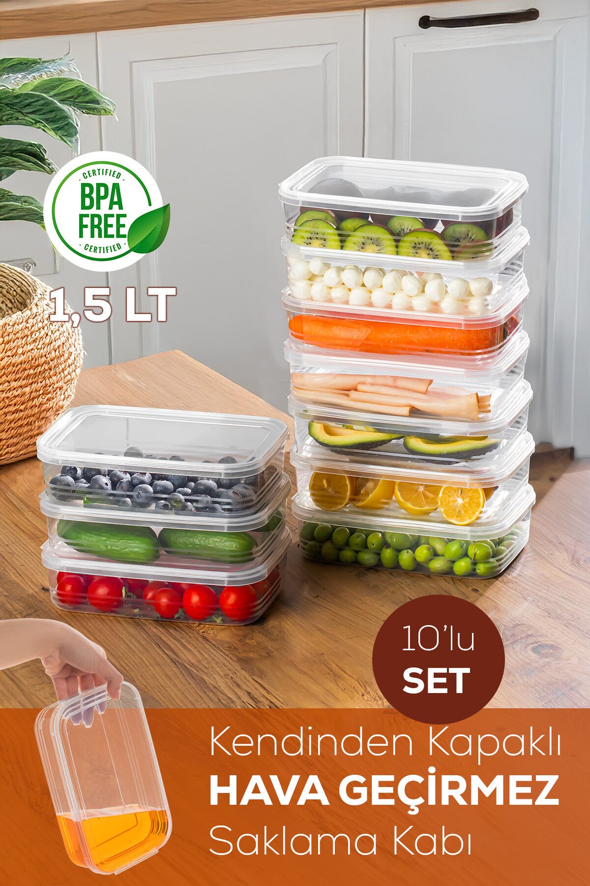Porsima 4363-10 Kendinden Kapaklı Derin Dondurucuya Uygun 10 Adet Saklama Kabı Hava Almaz Düzenleyici 1,5lt