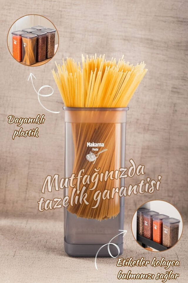 Porsima 5313 6lı Etiketli Kare Un Erzak Bakliyat Saklama Kabı Takımı Seti 1.70 Lt - Gri