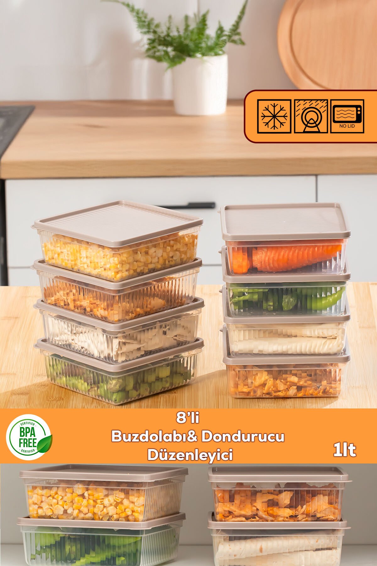 Porsima 5307 8li Buzdolabı Saklama Kabı Seti - BPA İçermez, Gıda Saklama Kabı, Kapicino, 1 Lt
