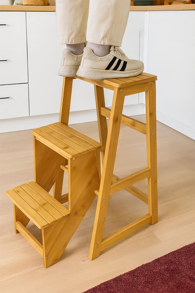 Porsima Pbt-379 Ahşap Bambu 3 Basamak Merdiven - Portatif Demonte Ve Ergonomik Ev Tipi Dekoratif Tabure Merdiven 1 Adet