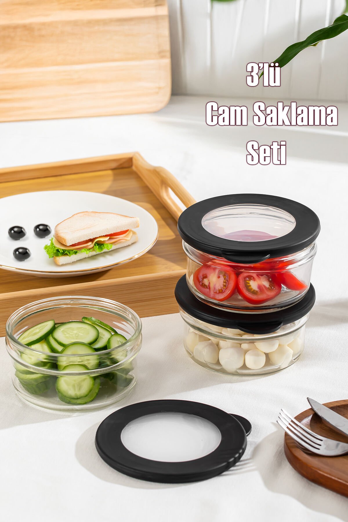 Porsima 4380 Flat 3lü Cam Kahvaltılık Çok Amaçlı Saklama Kabı Cam Kahvaltı Seti