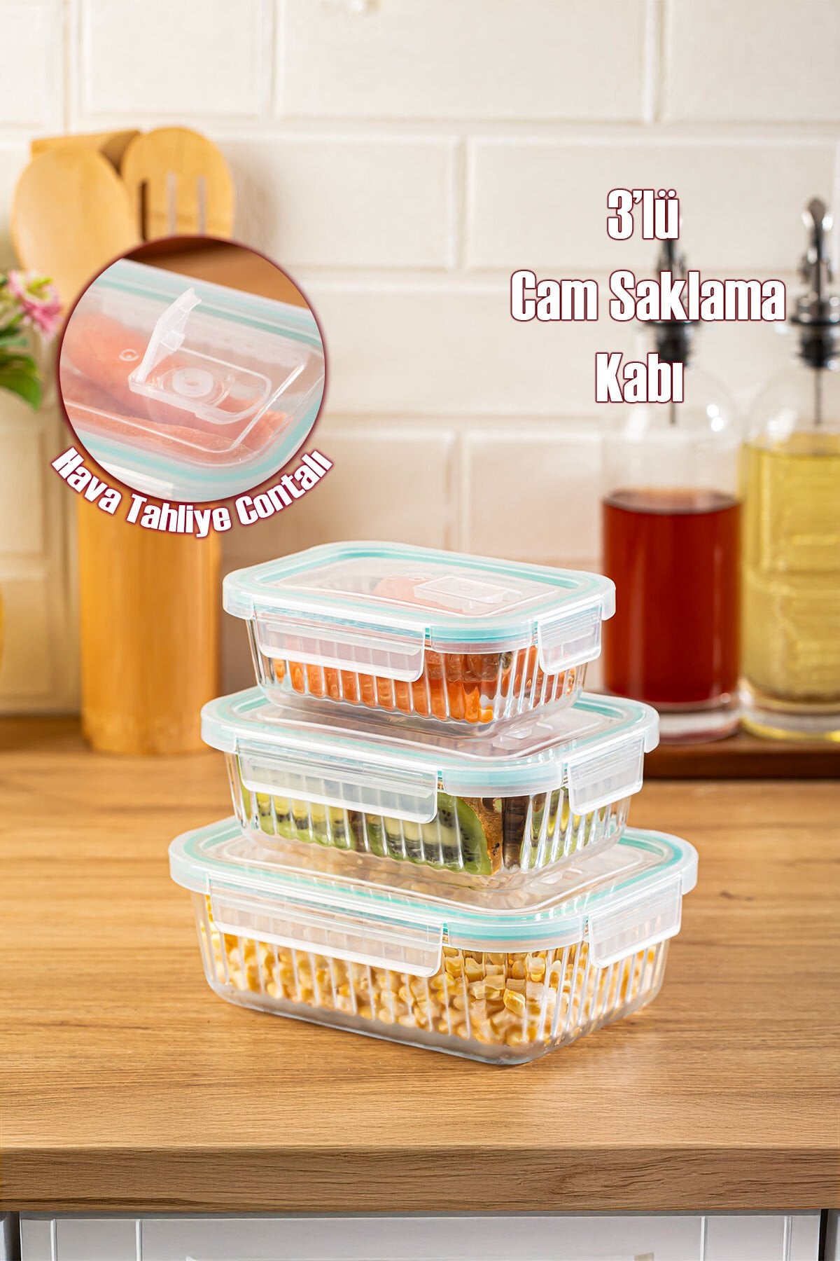 Porsima Sd-12-fgy Kilitli Sızdırmaz Kapaklı Hava Tahliye Contalı Çok Amaçlı 3 Lü Cam Erzak Yiyecek Saklama Kabı Seti - 1030-620-330ml Şeffaf