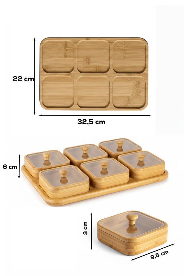 Porsima Pbt-692 Bambu Ahşap 6lı Kapaklı Kahvaltılık ve Çerezlik Seti - Tepsili Sunumluk