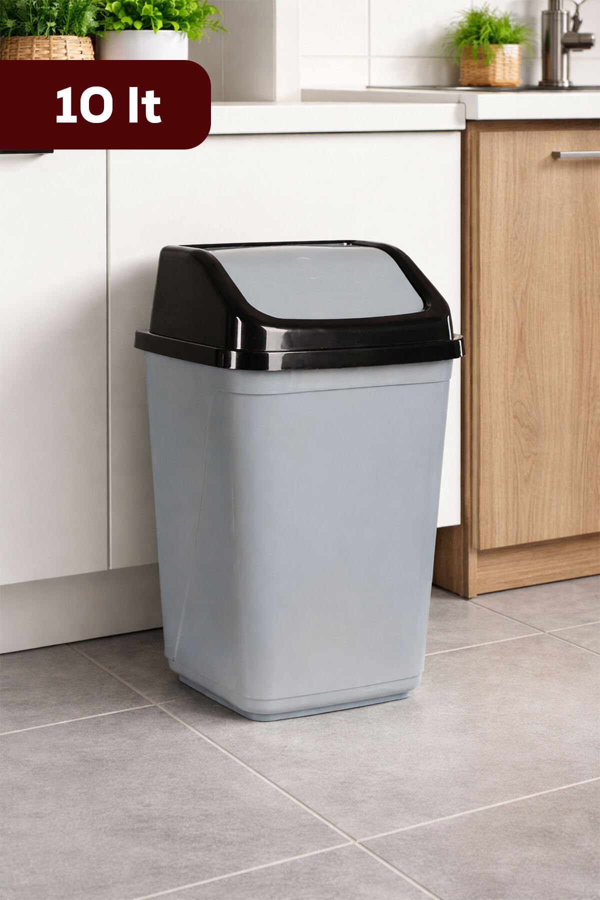 Porsima 0100 Kapaklı Gri-Siyah Çöp Kutusu - Favori Banyo ve Mutfak Çöp Kovası 10 lt