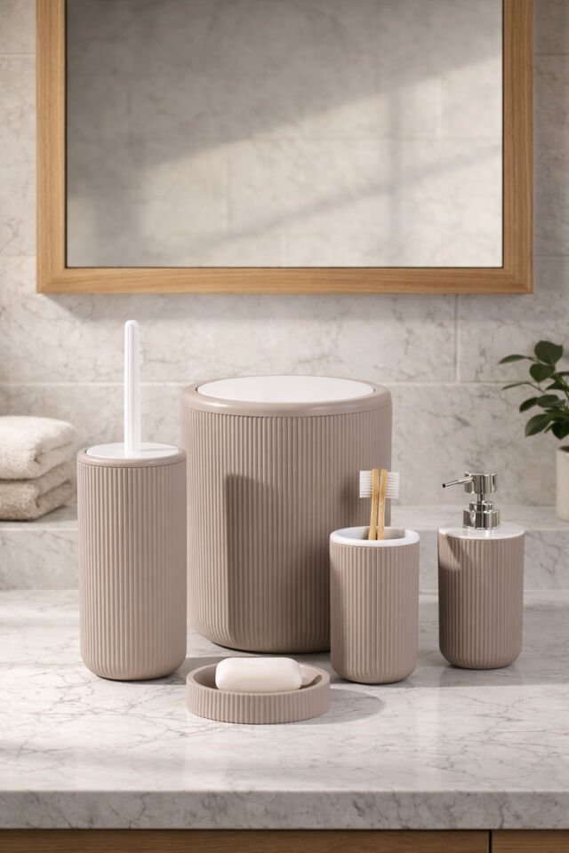 Perotti 33031500001-3 5 Parça Yuvarlak Banyo Seti - Çöp Kovası, Sabunluk, Diş Fırçalığı Ve Silikon Wc Fırçası Taupe-beyaz Beyaz - Kahverengi