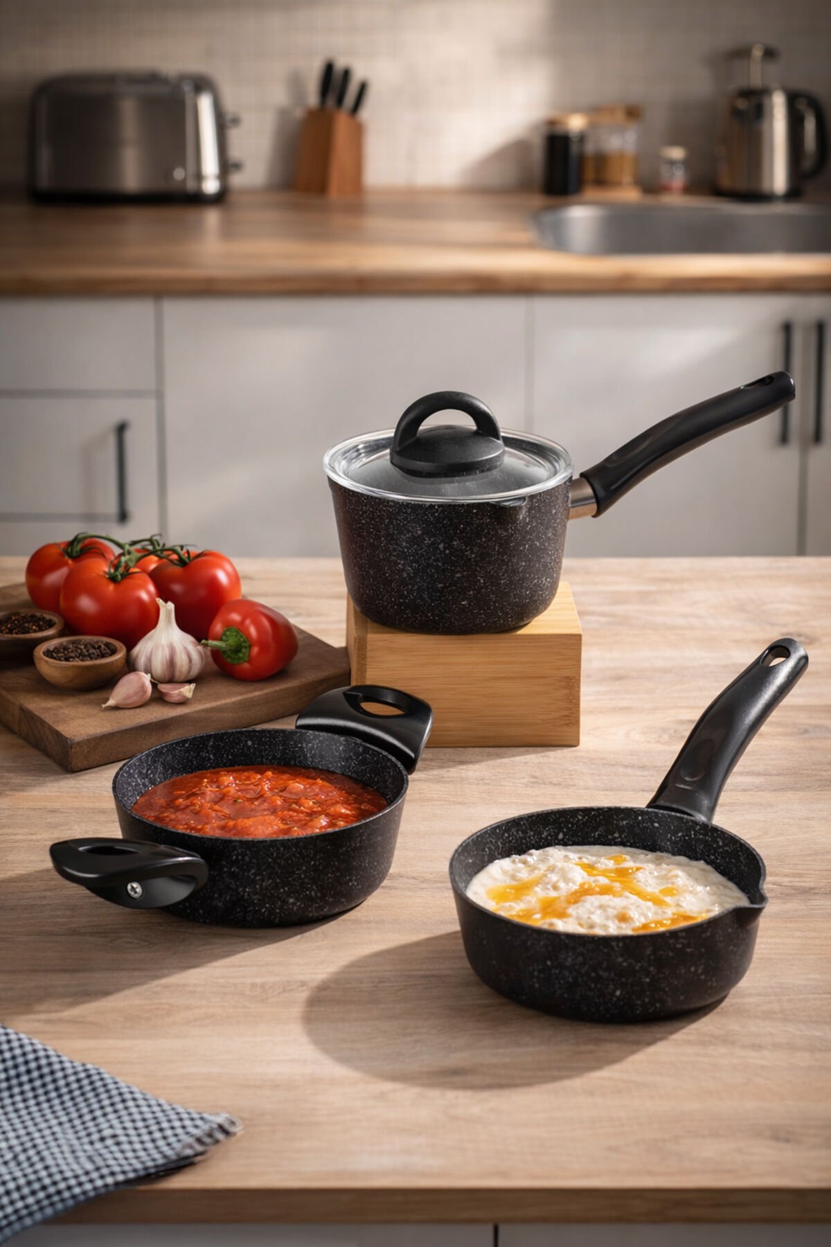 Porsima 4398 4 Parça Kaçerola Sosluk Sütlük Mini Baby Granit Tencere Sahan Seti Siyah 14cm