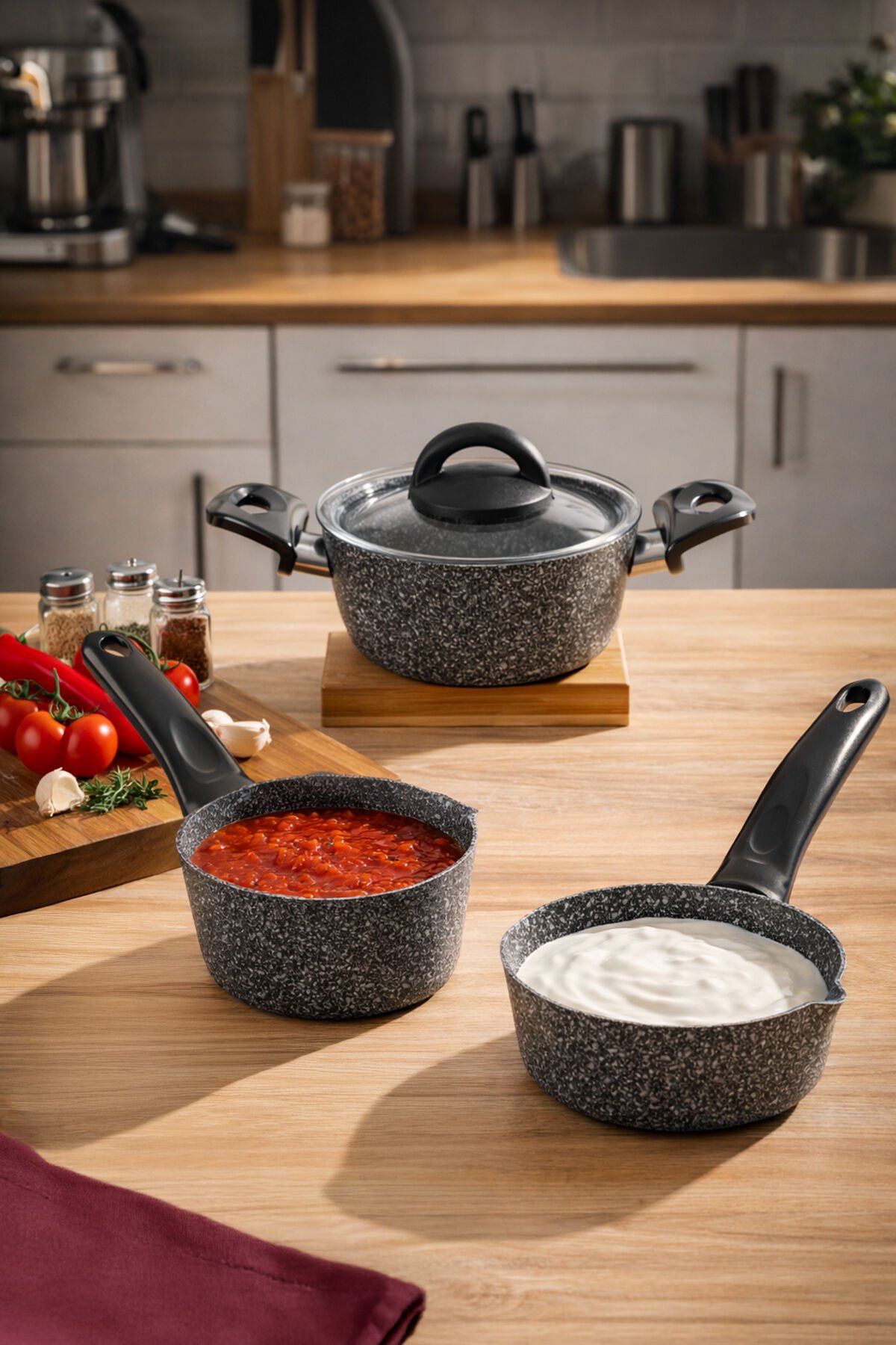 Porsima 4399 4 Parça Kaçerola Sosluk Sütlük Mini Baby Granit Tencere Sahan Seti Gri 14cm