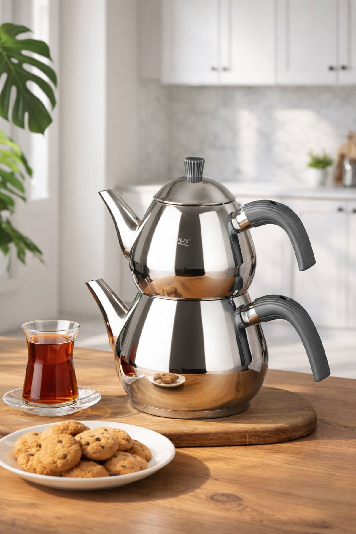 Porsima 1029 Damla Bakalit Kulp Orta Boy Paslanmaz Çelik Çaydanlık Takımı - Antrasit - 1.25-2.00Lt