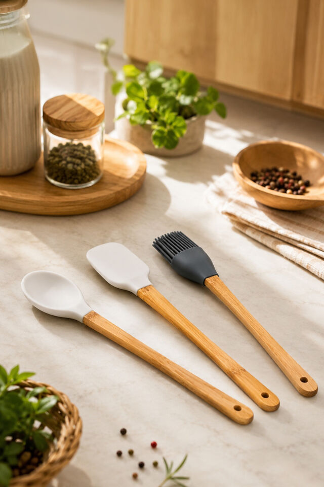 Porsima Mıen 3 Parça Mini Silikon Kaşık Spatula Fırça - Yanmaz Yapışmaz Hazırlık Seti 23 cm