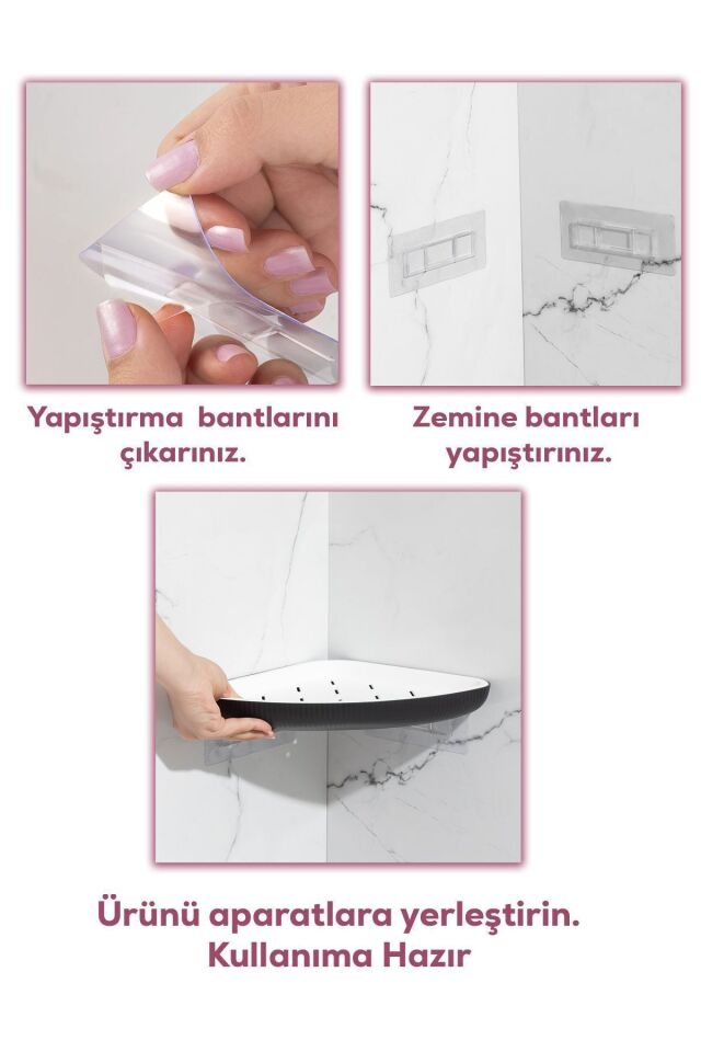 Porsima 0447 3'lü İstiridye Banyo Köşe Rafı Yapışkanlı Raf Siyah