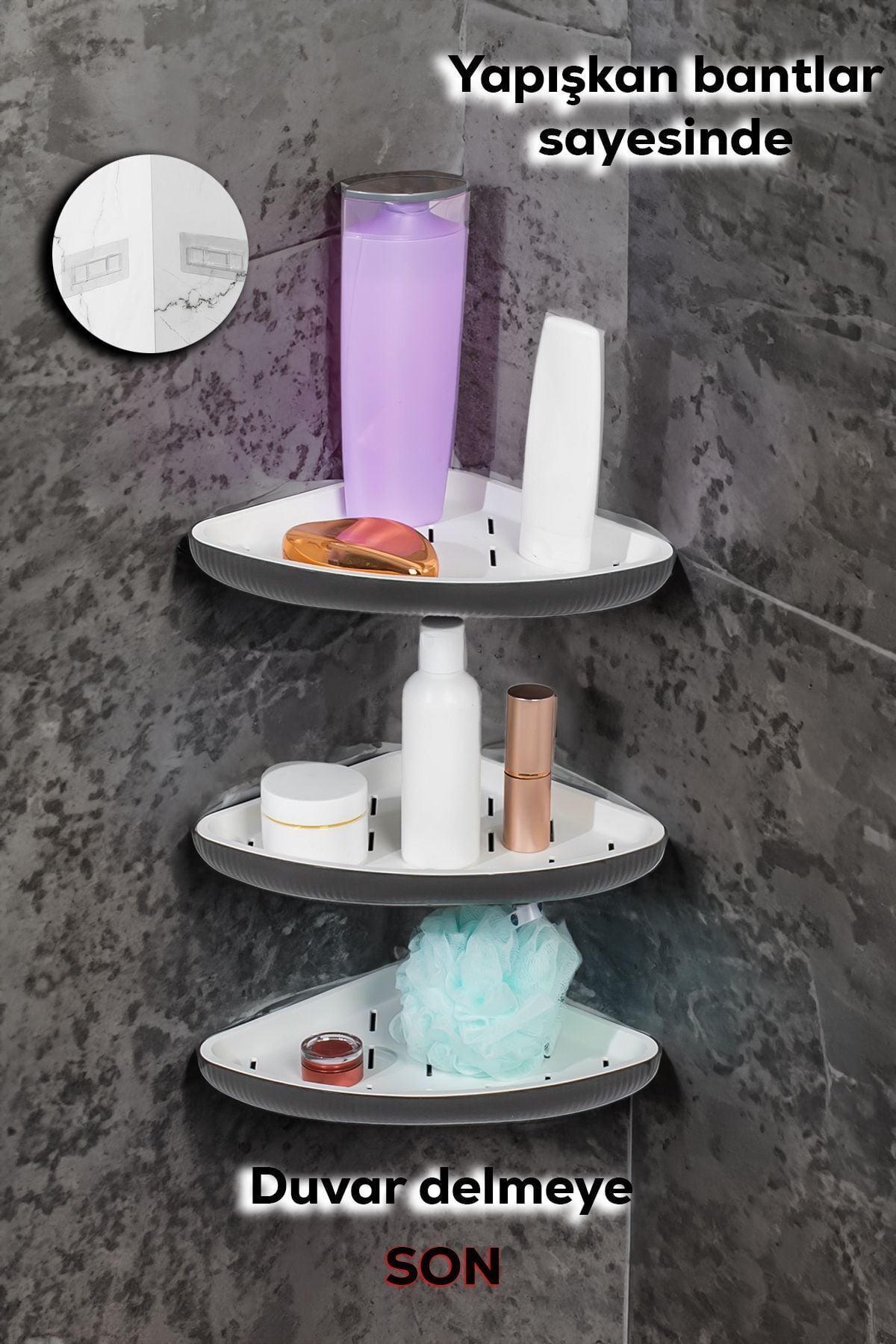 Porsima 0447 3'lü İstiridye Banyo Köşe Rafı Yapışkanlı Raf Antras Antrasit