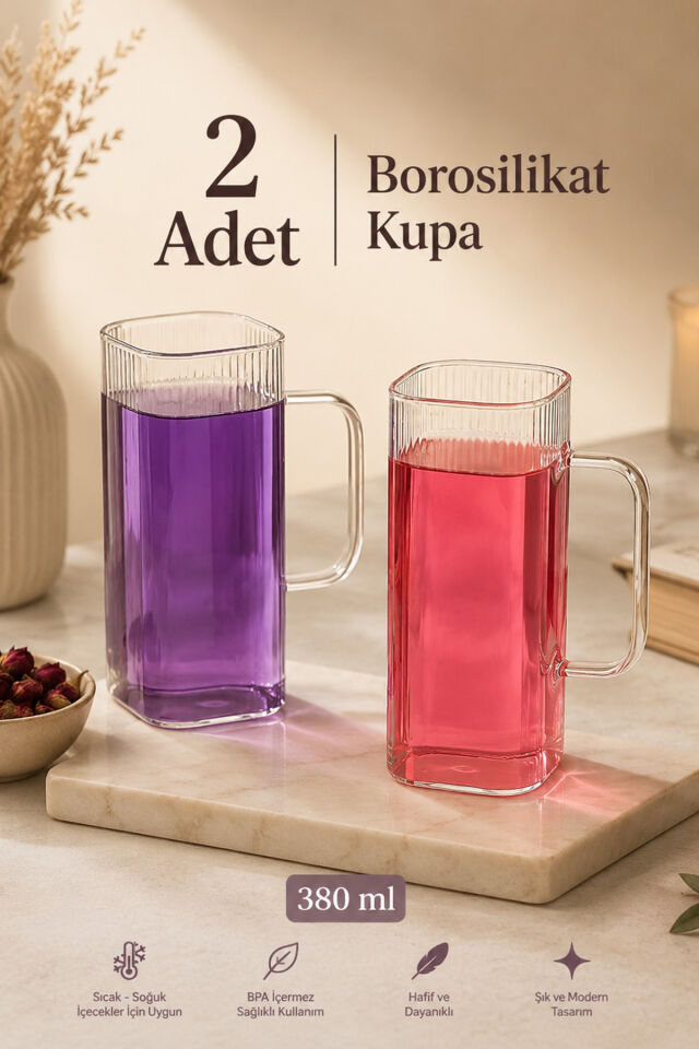 Porsima 2li Borosilikat Isıya Dayanıklı Meşrubat Latte Kahve Su Bardağı Sunumluk Cam Kupa Bardak Seti 380 ml