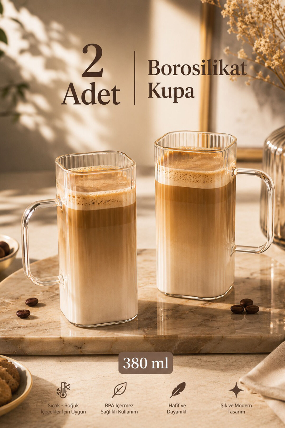 Porsima 2li Borosilikat Isıya Dayanıklı Meşrubat Latte Kahve Su Bardağı Sunumluk Cam Kupa Bardak Seti 380 ml