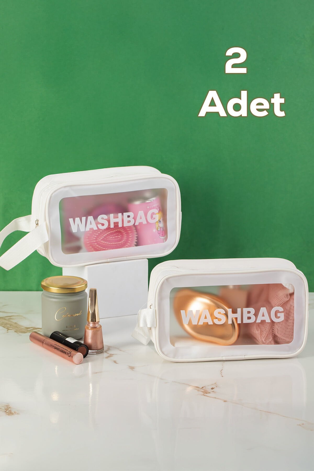 Porsima 3140-1 2li Şeffaf - Beyaz Seyahat ve Makyaj Çantası Su Geçirmez Organizer Washbag 21x13cm