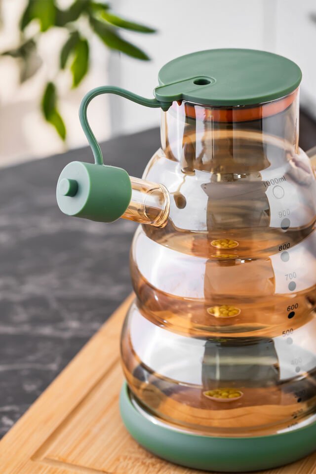 Porsima 3617 Kapaklı Borosilikat Cam 2li Yağlık Sirkelik Seti Yağdanlık Takımı 1000ml Yeşil