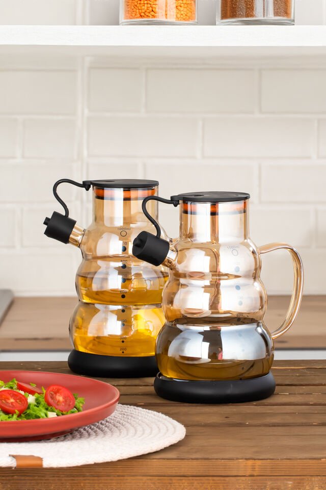 Porsima 3617- 1 Kapaklı Borosilikat Cam 2li Yağlık Sirkelik Seti Yağdanlık Takımı 1000ml Siyah