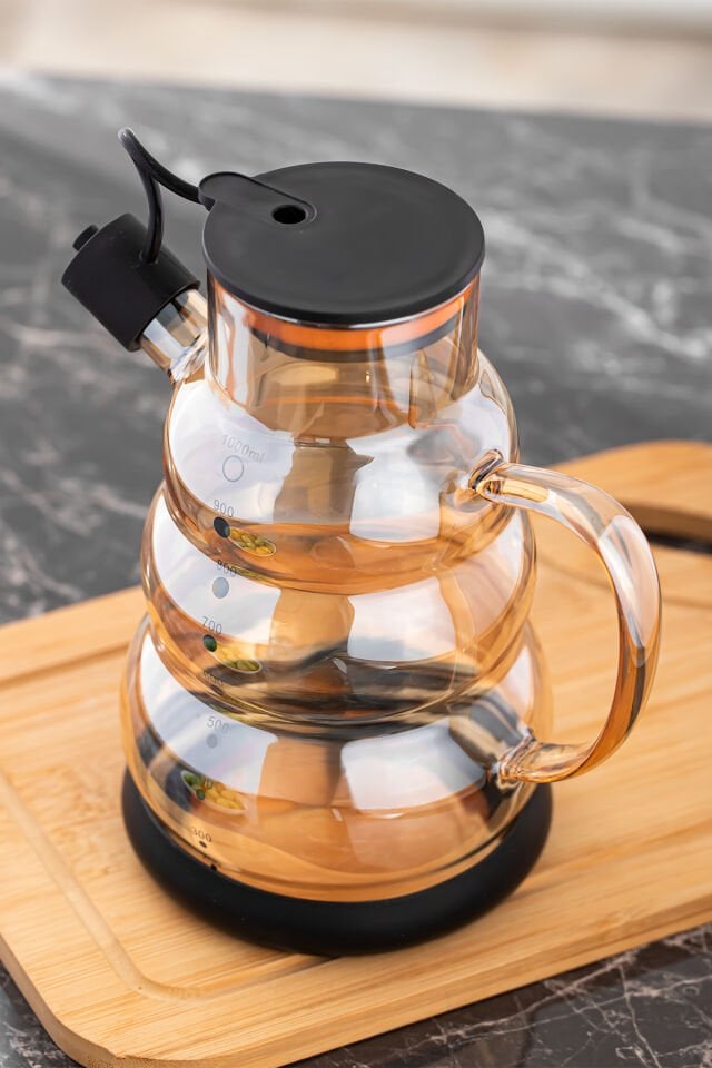 Porsima 3617- 1 Kapaklı Borosilikat Cam 2li Yağlık Sirkelik Seti Yağdanlık Takımı 1000ml Siyah