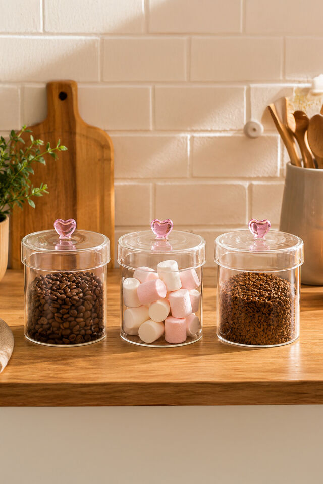 Porsima Hearts 3lü 750 ml Borosilikat Cam Kavanoz Seti Saklama Kabı Takımı 10x12 cm