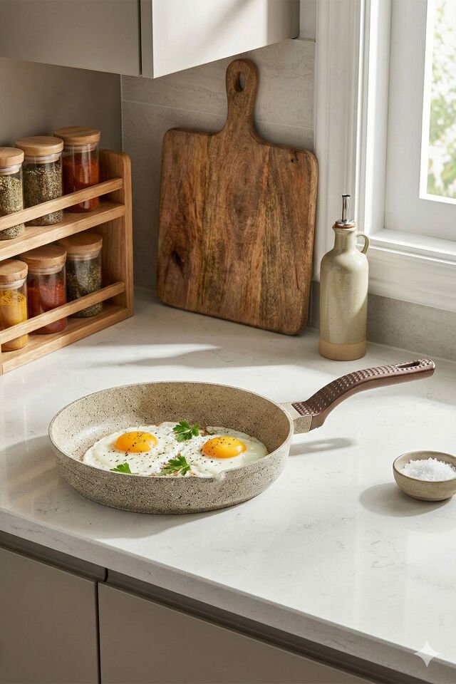 Oms 3738 Biogranit Döküm Grill Ergonomik Saplı 3 Parça Tava Seti Kum Beji 20-24-28cm Kum Beji