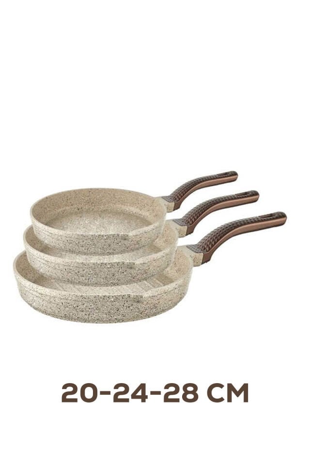 Oms 3738 Biogranit Döküm Grill Ergonomik Saplı 3 Parça Tava Seti Kum Beji 20-24-28cm Kum Beji
