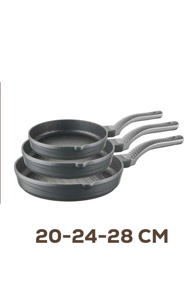 Oms 3738 Biogranit Döküm Grill Ergonomik Saplı 3 Parça Tava Seti Gri 20-24-28cm Gri