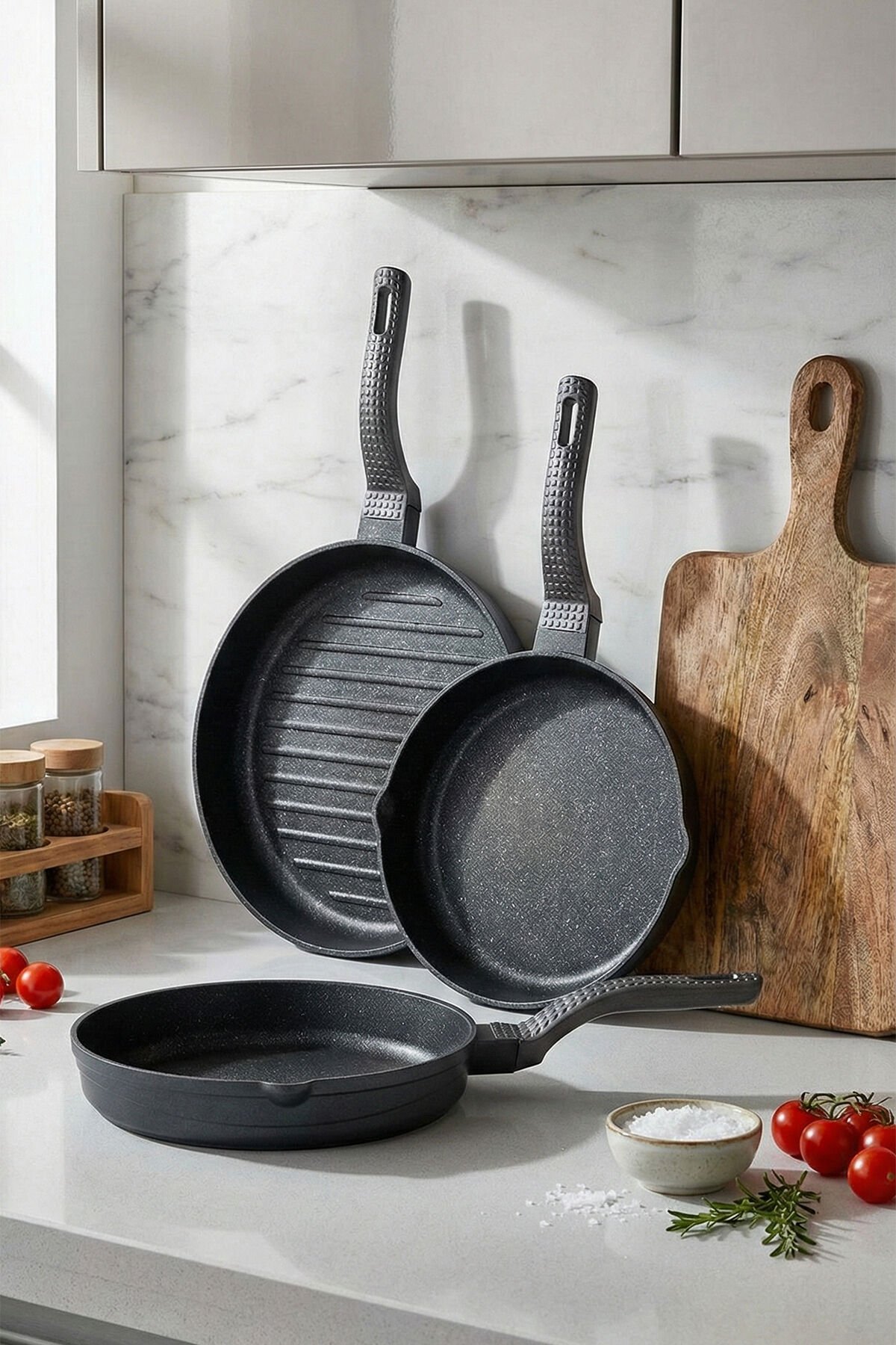 Oms 3738 Biogranit Döküm Grill Ergonomik Saplı 3 Parça Tava Seti Gri 20-24-28cm Gri