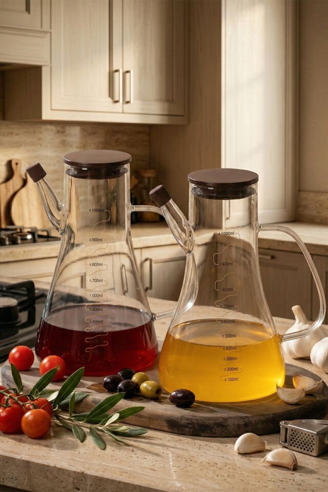 Porsima LM-0106 Serra Kapaklı Borosilikat Cam 2li Yağlık Sirkelik Yağdanlık Seti 1000ml