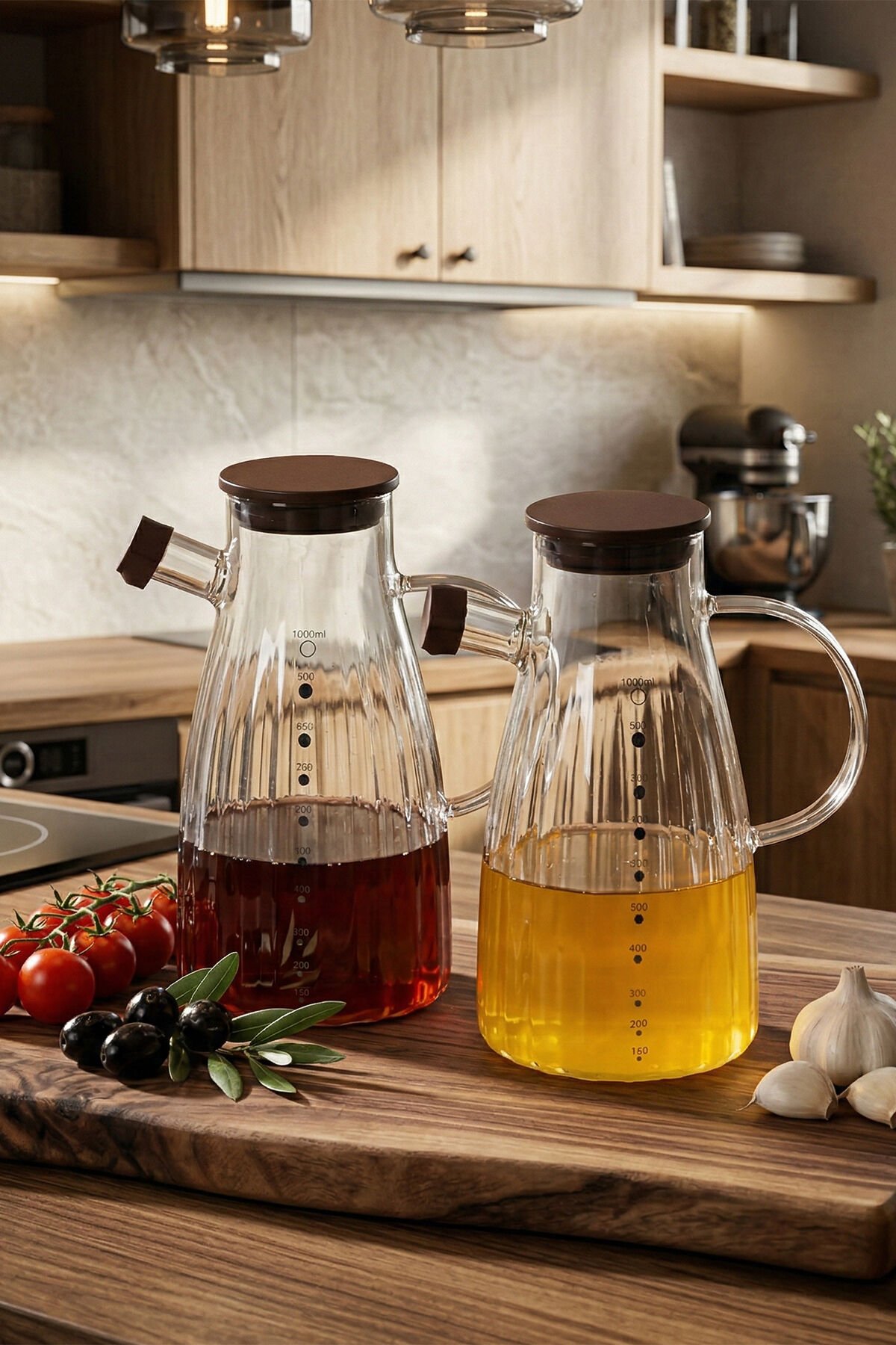 Porsima LM-0053 Alvera Kapaklı Borosilikat Cam 2li Yağlık Sirkelik Yağdanlık Seti 1000ml