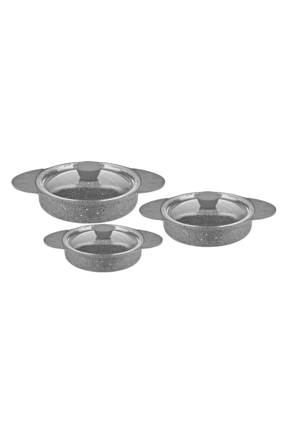 Oms 3015 Döküm Granit 6 Parça Kapaklı Sahan Set 16-18-20 cm Gri