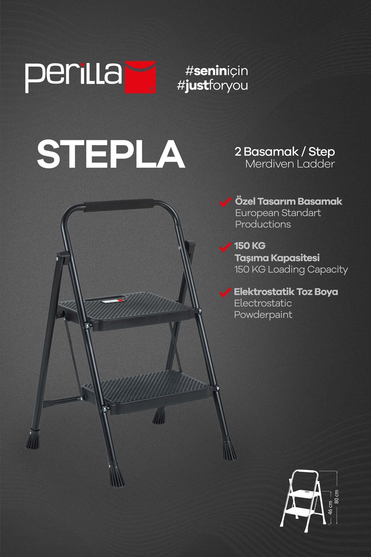 Perilla 51402 Stepla Geniş 2 Basamaklı Katlanır Merdiven Eurotower Siyah 2 Basamaklı