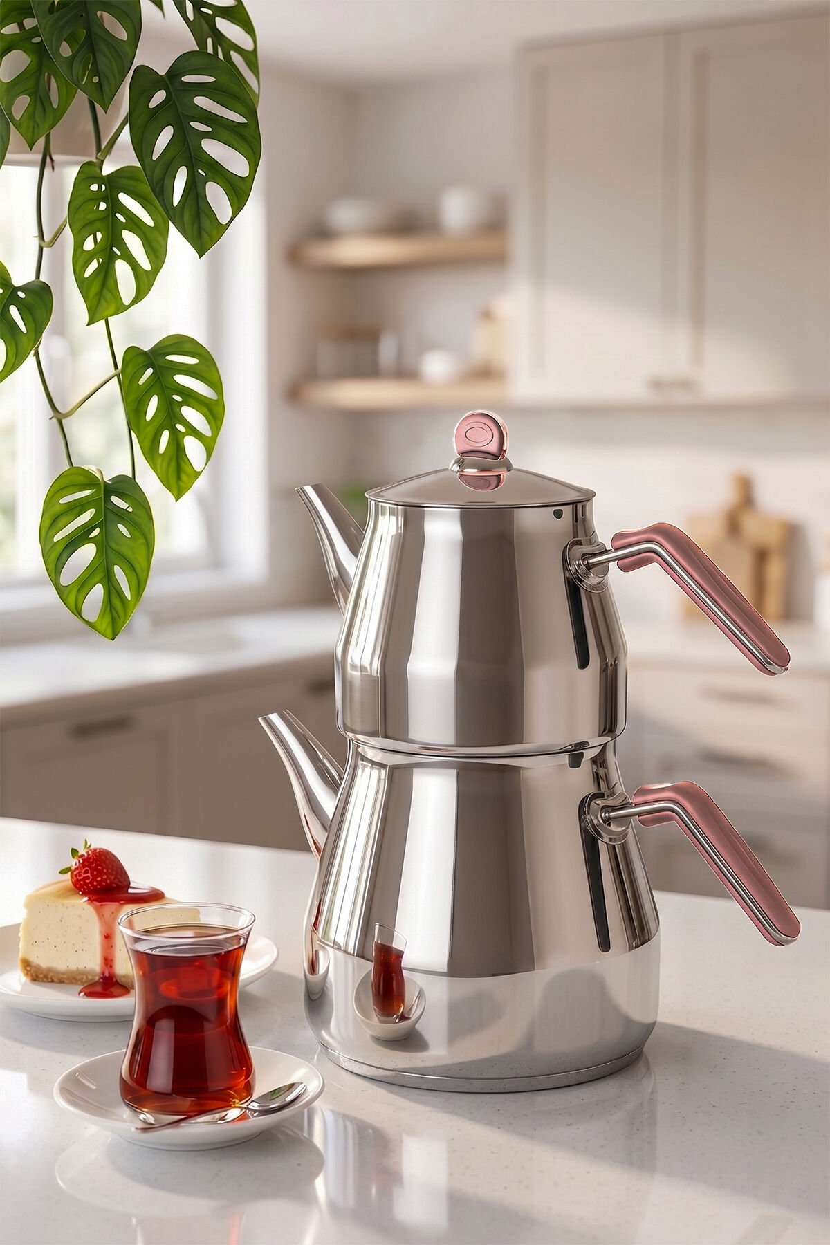 Porsima 1027-1 Prizma Bakalit Metal Kulp Mega Boy Paslanmaz Çelik Çaydanlık Takımı Rose - 2,20-4 Lt