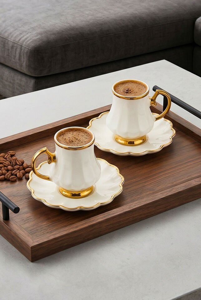 Porsima A-500 İnci 6 Kişilik Porselen Altın Yaldızlı Fincan Seti 12 Parça Türk Kahvesi Fincanı Takımı-90ml
