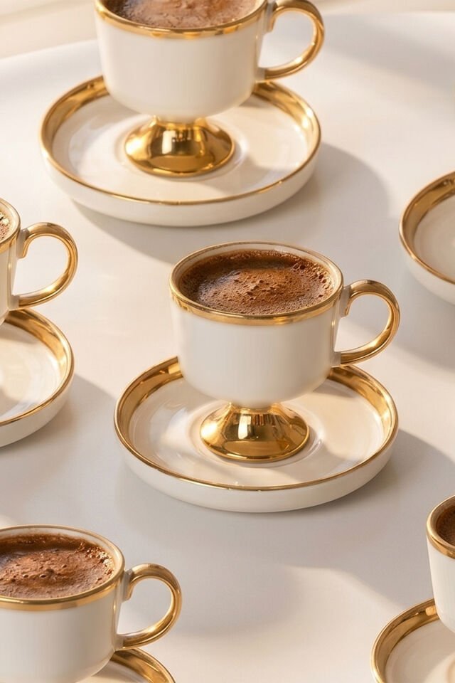 Porsima A-513 Doris 6 Kişilik Porselen Altın Yaldızlı Fincan Seti 12 Parça Türk Kahvesi Fincanı Takımı-90ml