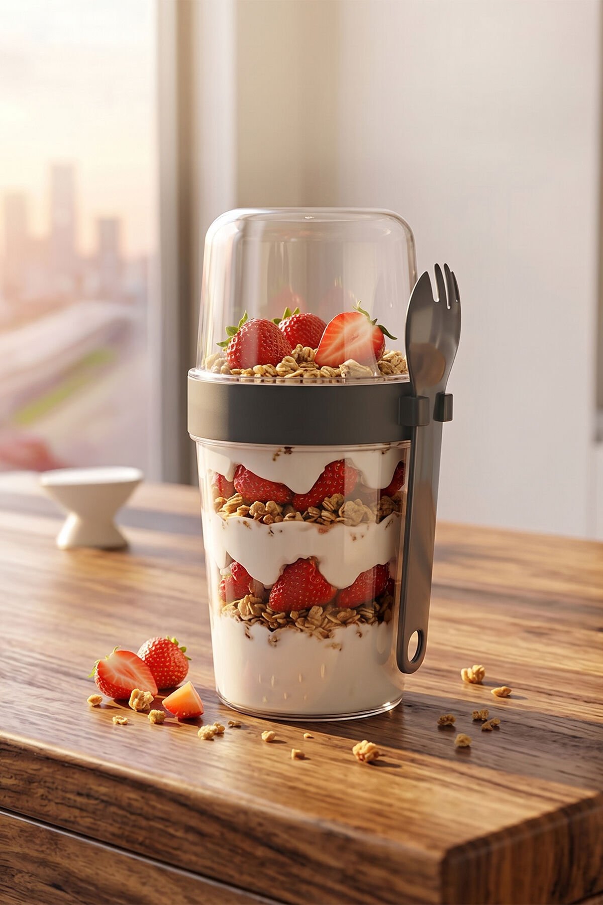 Porsima 5817 Yoğurt Kabı – Kendinden Kaşıklı Pratik Taşınabilir Kaşıklı Atıştırmalık Kabı-Antrasit 400ml+200ml