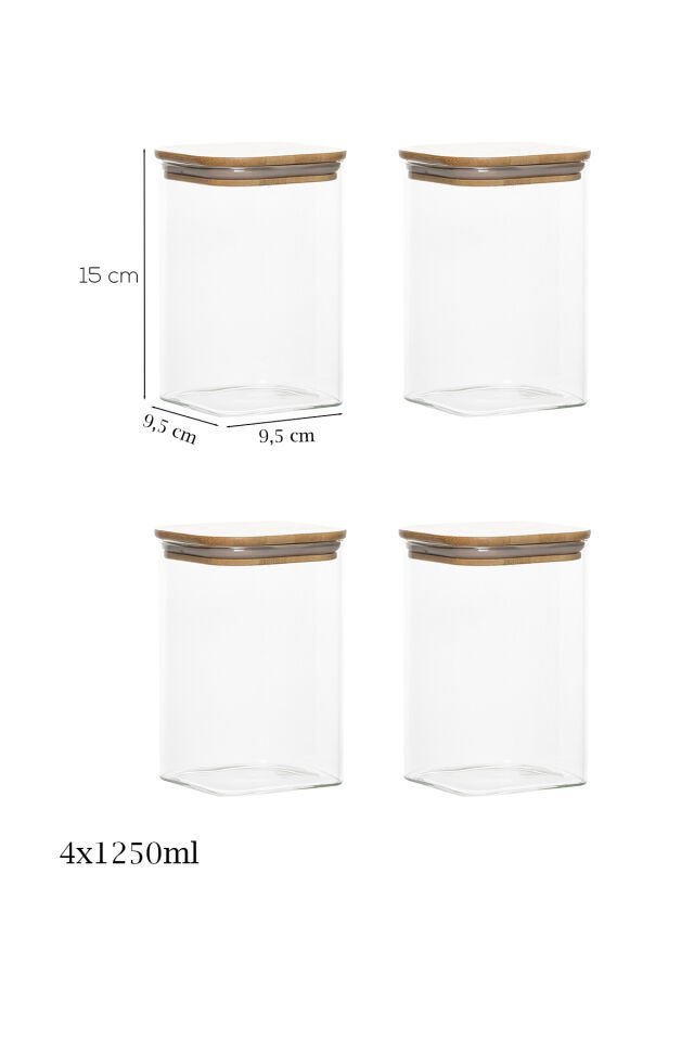 Porsima 6-4 Bambu Vakumlu Kapaklı Kare Borsilikat Cam 4lü Kavanoz Seti Saklama Kabı 1250ml 9,5x15cm