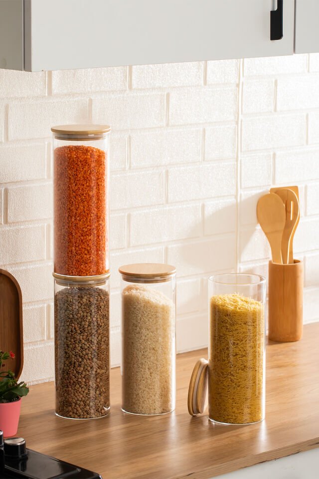 Porsima 4-4 Bambu Vakumlu Kapaklı Yuvarlak Cam 4lü Kavanoz Seti Saklama Kabı 2100ml 10x30cm