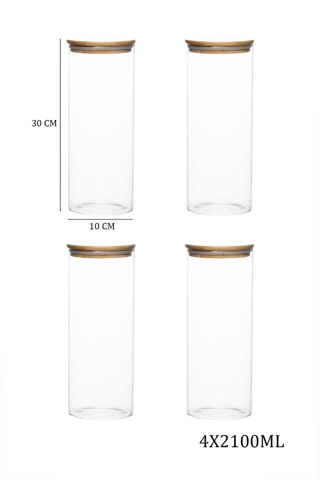 Porsima 4-4 Bambu Vakumlu Kapaklı Yuvarlak Cam 4lü Kavanoz Seti Saklama Kabı 2100ml 10x30cm