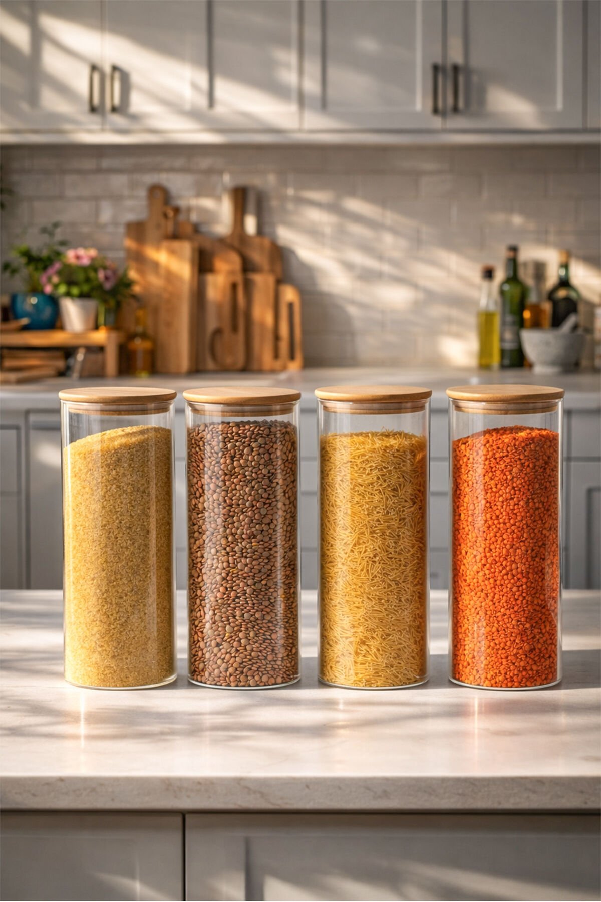 Porsima 4-4 Bambu Vakumlu Kapaklı Yuvarlak Cam 4lü Kavanoz Seti Saklama Kabı 2100ml 10x30cm