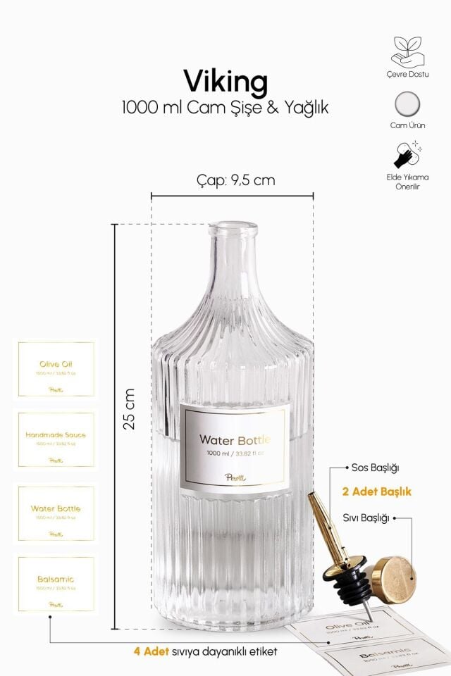 Perotti Viking 1000 ml Cam Şişe ve Yağlık Silver Kapaklı Çift Kapaklı