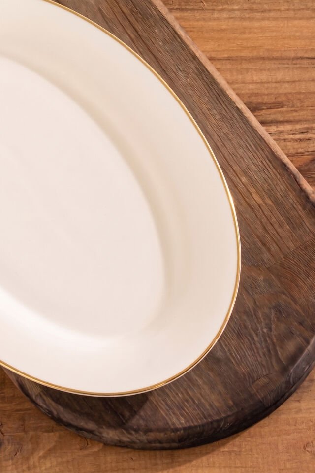 Porsima 4440 Gardenya Porselen Altın Fileli Kayık Tabak Seti - Oval Kahvaltılık Sunumluk Seti 30cm