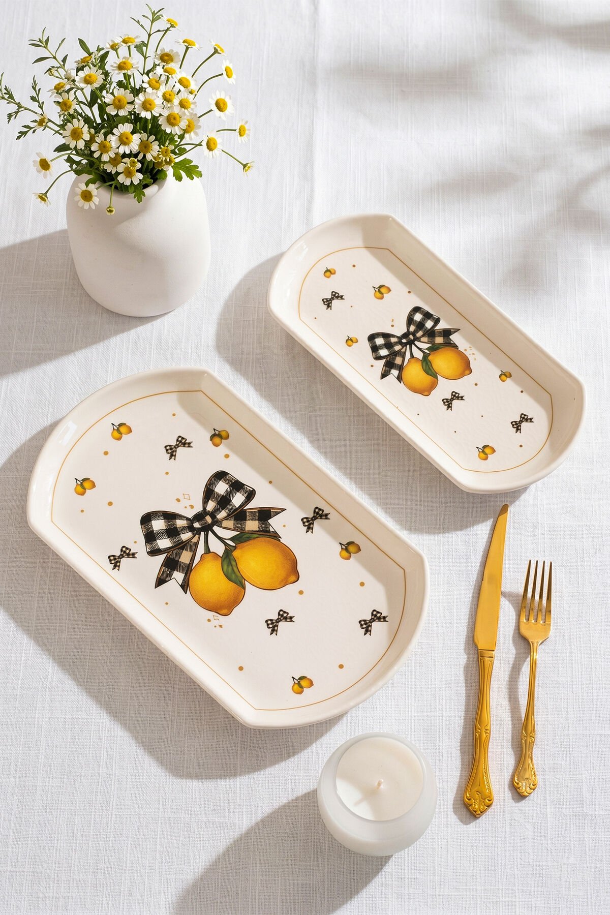 Porsima Lemon Porselen 2li Kayık Tabak Seti - Oval Kahvaltılık Sunumluk Seti