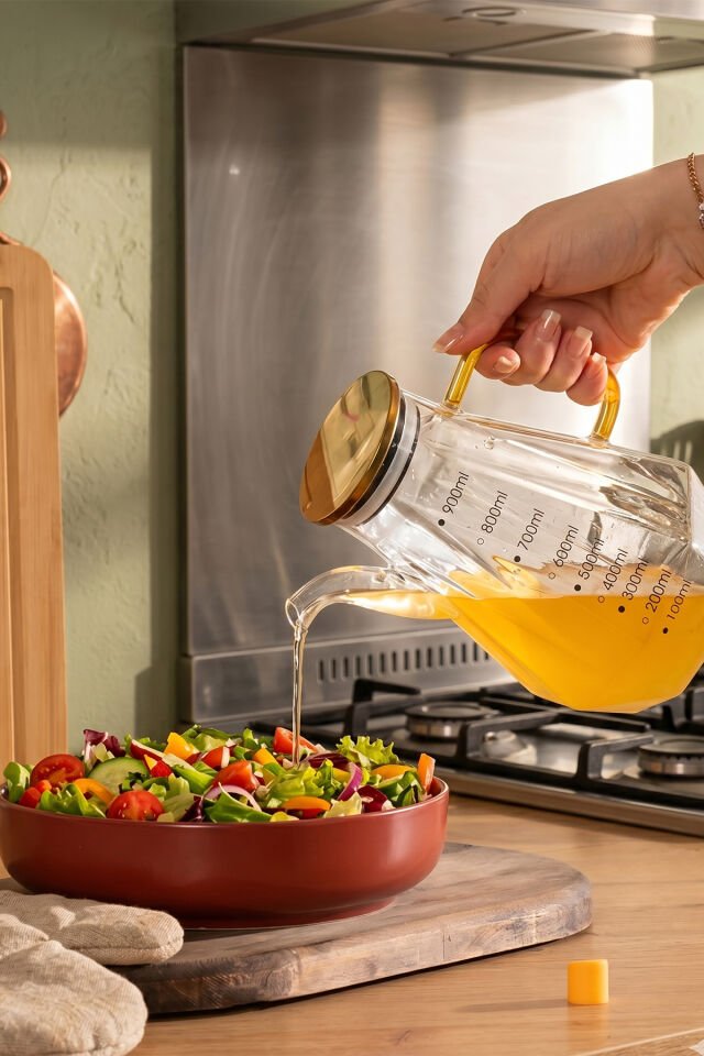 Porsima Yh003 2li Metal Kapaklı Vakumlu Ölçekli Borosilikat Cam Yağdanlık Takımı - Sızdırmaz Yağlık Sirkelik Seti 900ml+900ml