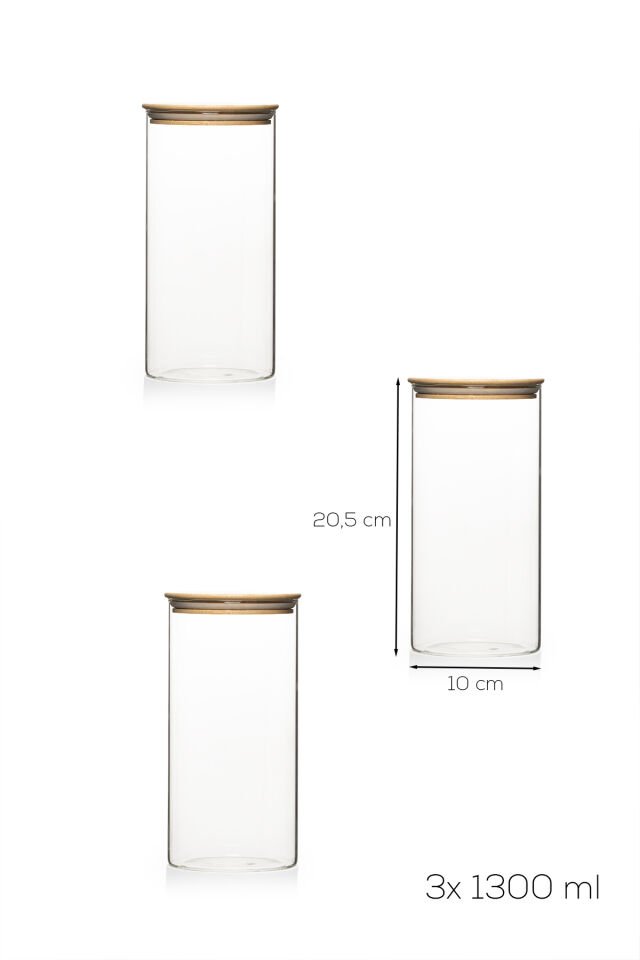 Porsima 2-3 Bambu Vakumlu Kapaklı Yuvarlak Borosilikat Cam 3lü Kavanoz Seti Saklama Kabı 1300ml 10x20cm