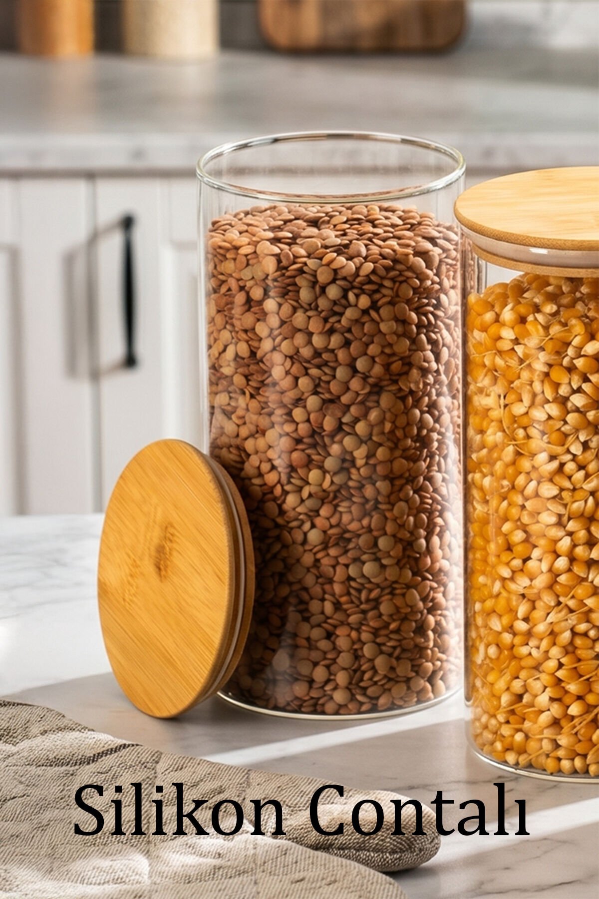 Porsima 2-3 Bambu Vakumlu Kapaklı Yuvarlak Borosilikat Cam 3lü Kavanoz Seti Saklama Kabı 1300ml 10x20cm