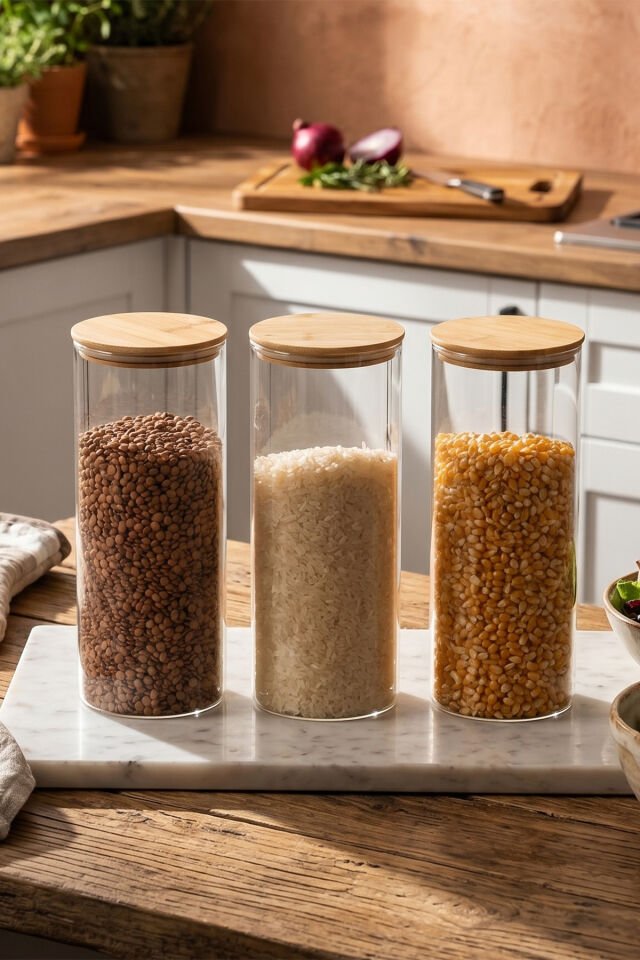 Porsima 3-3 Bambu Vakumlu Kapaklı Yuvarlak Borosilikat Cam 3lü Kavanoz Seti Saklama Kabı 1650ml 10x25cm