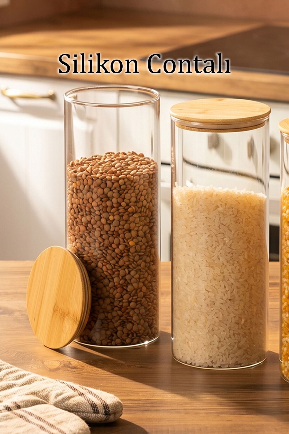 Porsima 3-3 Bambu Vakumlu Kapaklı Yuvarlak Borosilikat Cam 3lü Kavanoz Seti Saklama Kabı 1650ml 10x25cm