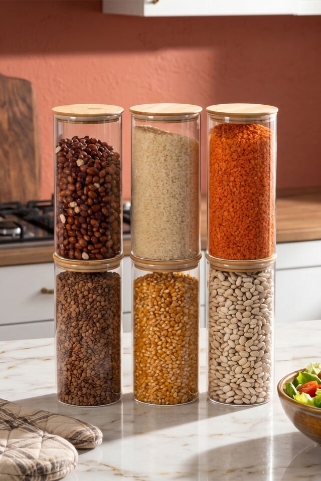 Porsima 2-3 Bambu Vakumlu Kapaklı Yuvarlak Borosilikat Cam 6lı Kavanoz Seti Saklama Kabı 1300ml 10x20cm